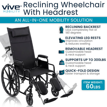 Reclining Wheelchair With Headrest (16"-18"-20", 300 lbs)